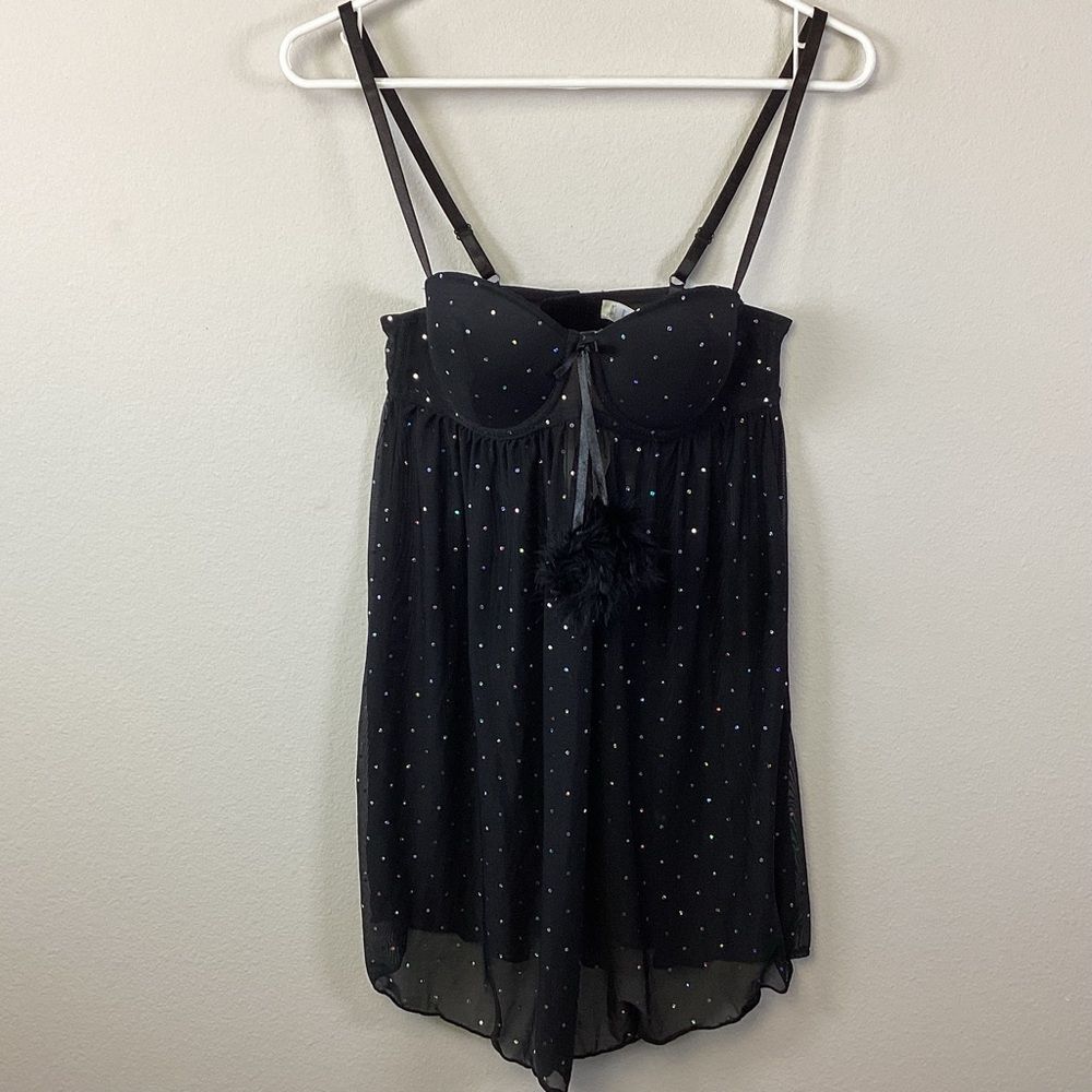 Passion Forever Black Sheer Padded Medium Babydoll Holographic Sequin Lingerie